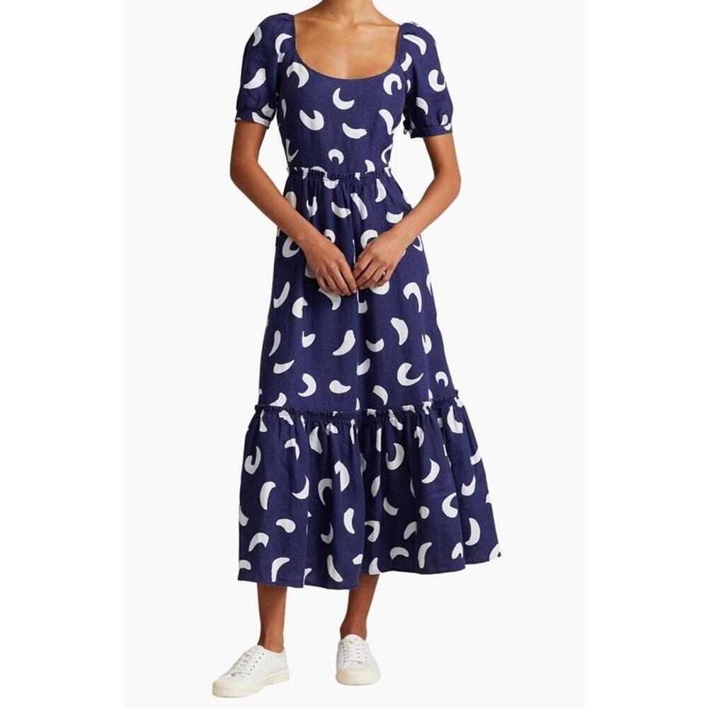 $498 Polo Ralph Lauren Abstract LinenTiered Midi Navy Women’s Dress Size 0 - Picture 3 of 9